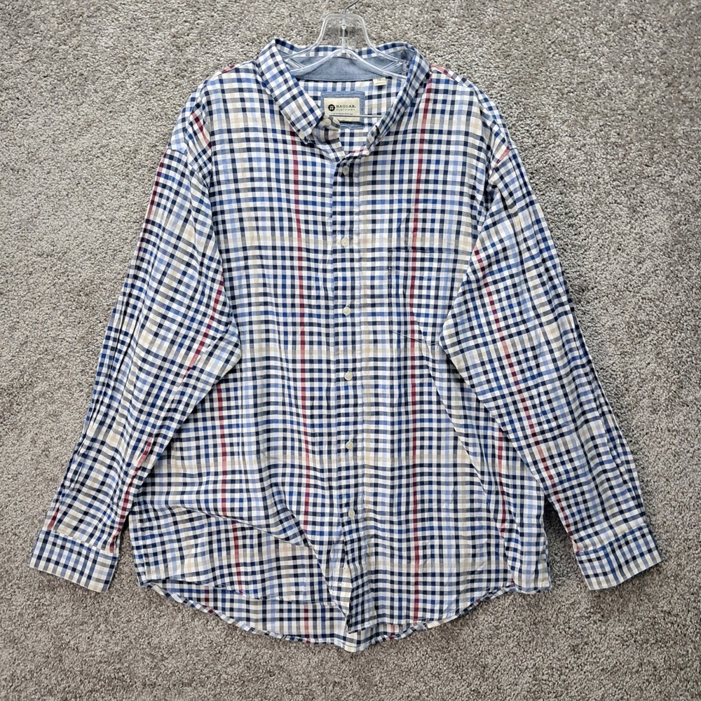 Haggar Mens XXL Stretch Plaid Button Down Shirt Blue Tan Red Long Sleeve